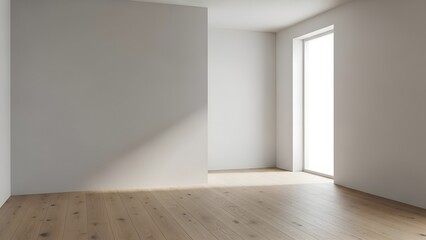Minimalist empty room with smooth white walls, light wooden flooring, soft natural window light, clean modern aesthetic
