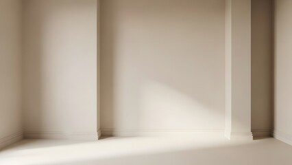 Neutral-toned empty room with cream-colored walls, smooth baseboards, minimal shadows, warm natural light, clean and simple background