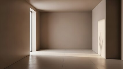 Empty interior space with soft warm-toned walls, seamless matte paint, neutral floor, calm and balanced composition, zen-like minimal style