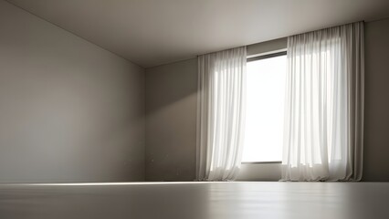 Wide-angle shot of empty neutral room with one large window, white curtains, soft sunlight, simple clean architectural lines