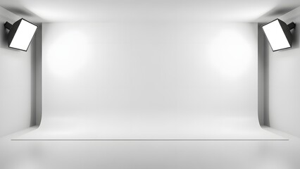 Minimal empty studio room with pure white walls, seamless corner curve, professional lighting, ideal for product mockups.