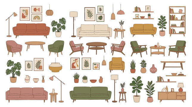 Large collection of hand-drawn furniture and home decor items including sofas, chairs, plants, and lamps in a cozy mid-century modern style with a warm, earthy color palette