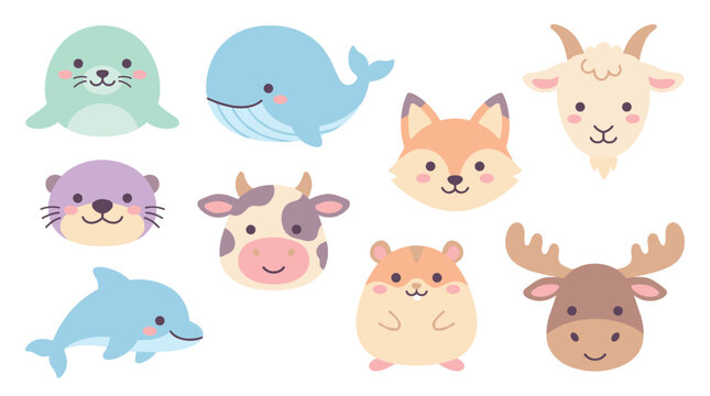 Collection of cute cartoon animal illustrations featuring a seal, whale, fox, goat, otter, cow, dolphin, hamster, and moose in a charming and simple kawaii art style