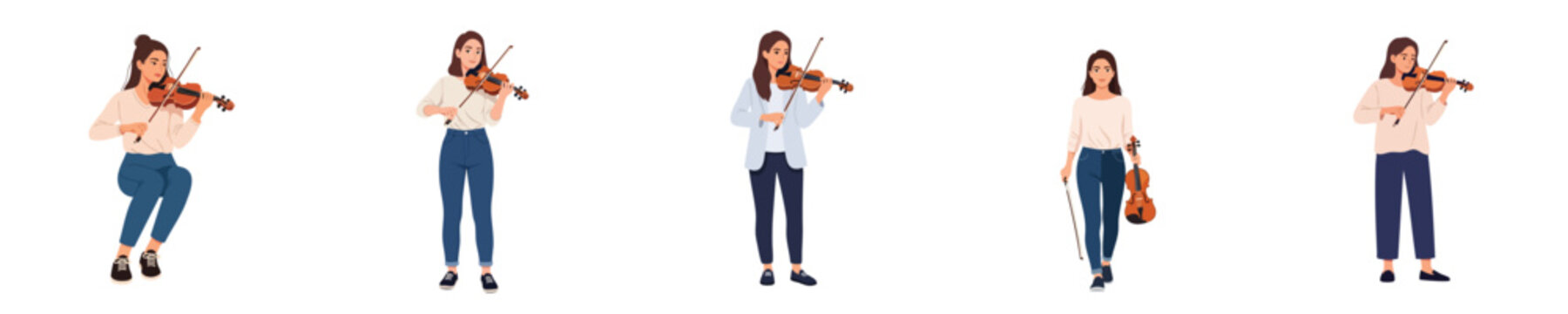 Female Musician Violin Player Flat Vector Character Illustration Set