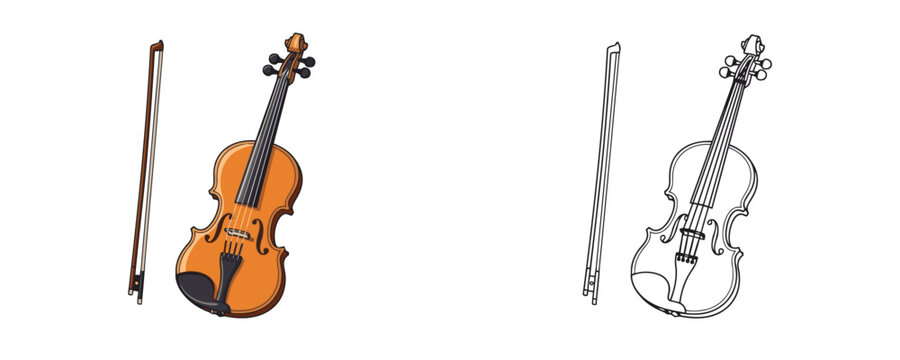 Wooden violin and bow in cartoon vector style with black outlines and string details musical string instrument for classical symphony