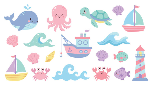 Set of cute cartoon sea life illustrations with a whale, octopus, turtle, boat, and lighthouse in a charming pastel color palette for children's designs and decorations