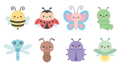 Fototapeta premium Collection of cute kawaii style insects including a bee, ladybug, butterfly, and firefly in a cheerful, flat vector illustration set for children's design elements