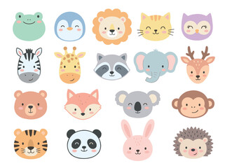 Obraz premium Collection of cute cartoon animal faces including a lion, panda, fox, and tiger in a flat vector illustration style for children's design, showing happy and friendly expressions