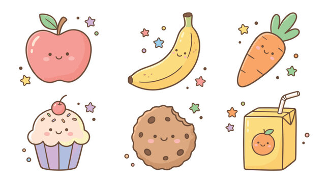 Cute kawaii food and drink set with smiling faces, including an apple, banana, carrot, cupcake, cookie, and juice box, illustrated in a charming, hand-drawn cartoon style