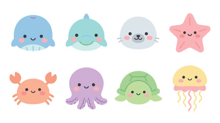Set of cute kawaii sea animal characters including a whale, dolphin, seal, starfish, crab, octopus, turtle, and jellyfish in a charming flat cartoon vector illustration style