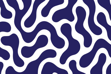 Modern Abstract Organic Fluid Shapes Pattern with Smooth Wavy Blobs in Navy Blue and White Clean Seamless Vector Background