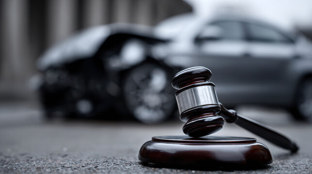 Car accident law justice gavel crashed vehicle legal liability lawsuit insurance courtroom Car accident law justice concept with gavel near