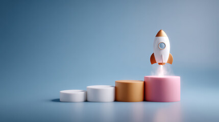 Startup rocket business growth success concept leadership competition step podium minimal style pastel color progress innovation