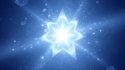 Radiant eight-pointed star glowing brightly amidst a cosmic expanse of blue light and sparkling