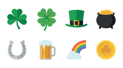 Collection of colorful St. Patrick's Day icons including a shamrock, leprechaun hat, pot of gold, horseshoe, beer, rainbow, and lucky coin in a flat vector illustration style
