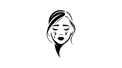 Minimalist Line Art Illustration of a Womans Face Crying, Expressing Deep Sadness
