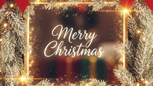 Festive Merry Christmas Greetings with Sparkling Lights and Evergreen Decorations