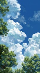 Obraz premium Vibrant photo of Anime Style Blue Sky with Fluffy Clouds and Green Tree Tops
