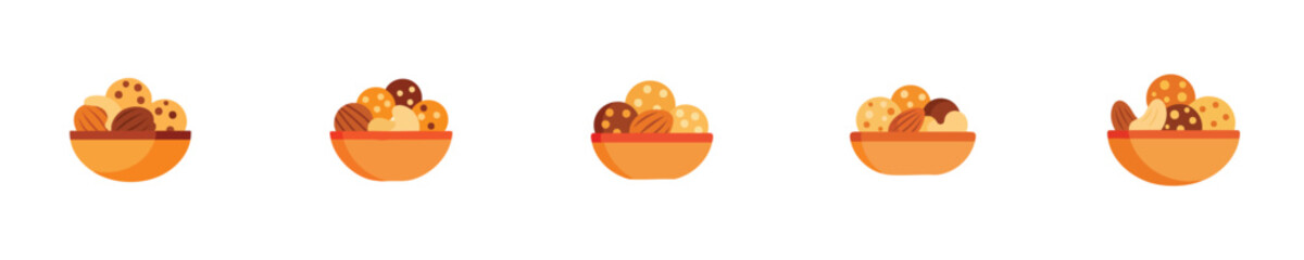 Traditional Indian Sweets Bowl Flat Vector Festive Food Illustration Set