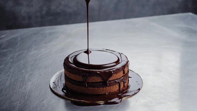 Chocolate cake being drizzled with molten chocolate on grey surface  