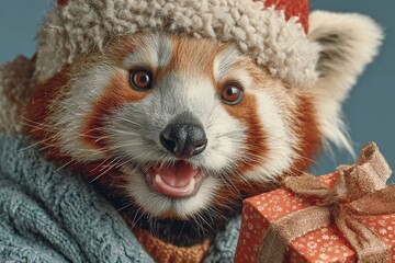 A christmas cuddle: the joyful spirit of a panda in holiday wear. Advertising photo. Whimsical holiday panda: a vibrant christmas card delight. Modern style. Rule thirds.