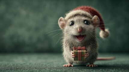 Smiling rodent in santa's hat evokes the magic of festive gatherings. Modern style. Wondrous rat baby in santa hat celebrating the season with a present. Studio shot. Print ready.