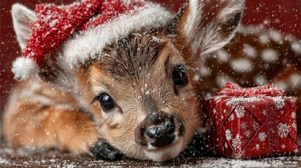 A joyful christmas elk: imagining the magic of holiday wonders. Luxury apparel. Festive elk baby delighting with red hat and gift box. Upscale style. Premium design.