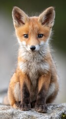 Fototapeta premium adorable fox cub sitting, curious expression, light neutral background, professional wildlife photography style