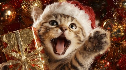 Heartwarming holiday happiness: a cat's christmas moment. Luxury portrait. Enchanting cat baby in santa's hat surrounded by holiday magic. High-class shoot. Rich texture.