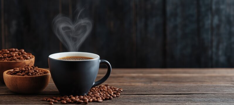 Steaming cup of dark hot coffee with vapor forming a heart shape, surrounded by roasted coffee beans on a wooden table - Powered by Adobe