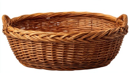 Obraz premium Vibrant photo of Empty woven wicker basket with handles, isolated on white background.