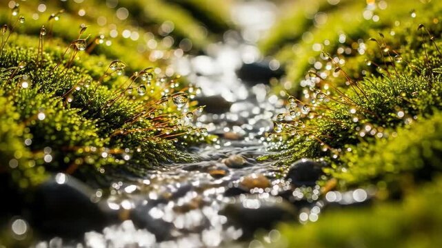 Macro photography of glistening dew drops on moss beside a clear forest stream captures the essence of nature serene beauty and renewal