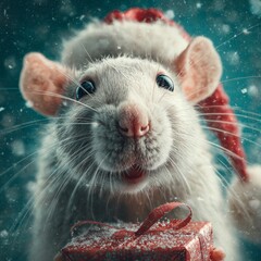 Cherished holiday whimsy: a smiling rat baby celebrates the season. Action poster. Charming rat baby in santa hat, surrounded by vibrant festive icons. Blockbuster poster. Poster graphics.