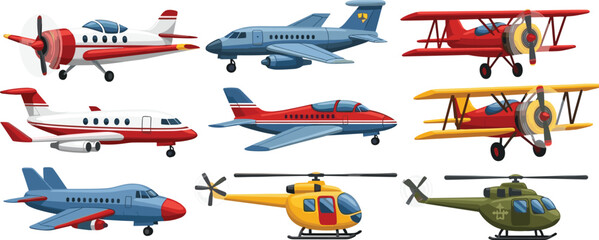 Set of Cartoon Aircraft Illustrations: Diverse Collection of Airplanes, Jets, Biplanes, and Helicopters for Aviation, Travel, and Transportation Design Elements Isolated on White. © rakib's world