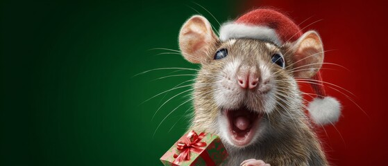 Festive joy with an adorable santa hat mouse spreading holiday cheer. Abstract beauty. Cute rat baby with santa hat and gift on a christmas card scene. Dreamlike imagery. Fantastical figures.