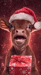 Heartwarming holiday scene: baby ox and petite gift box. Scifi poster. Cheerful ox cub with green ribbons: subtle festive vibes. Promotional poster. Epic poster.