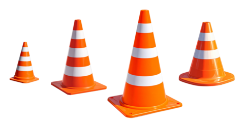 Orange traffic cones safety pylons realistic 3D render isolated transparent background
