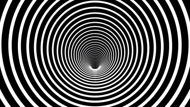 Looping optical illusion animation featuring black and white concentric circles creating a tunnel-like motion effect, producing a hypnotic, mesmerizing visual pattern with continuous seamless movement