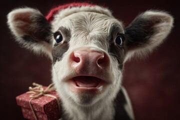 A christmas delight: the enchanting face of joyful youth. Luxury apparel. A whimsical holiday scene: cow with santa hat and a special gift box. Glamorous lifestyle. Elegant presentation.