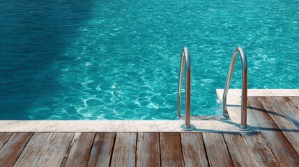 View of a swimming pool with steps leading into the clear turquoise water, alongside a wooden deck. Sunlight casts shadows