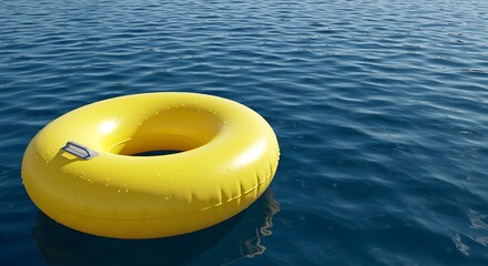 Yellow inflatable ring floating on calm blue water