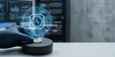 AI investment loss concept with hand holding latency guard device and digital clock chip hologram in server room background