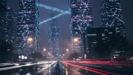 Night time-lapse capturing the illuminated skyline of a futuristic urban cityscape and traffic