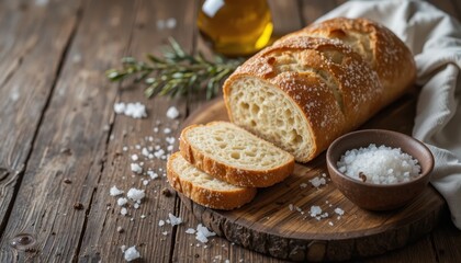 Freshly Baked Bread With Slices on a Wooden Cutting Board Beside Olive Oil and Herbs