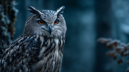 Majestic owl with piercing gaze in forest