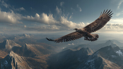 Majestic eagle soaring over rugged mountain landscape with cloudy sky