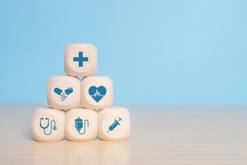 icons healthcare medical symbol on wooden blocK, Healthcare and medical Insurance concept