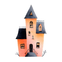 cute minimal watercolor clipart of a Haunted house in a kids Halloween theme minimal shadows flat watercolor look soft tones clean shapes handpainted texture isolated on white backgro