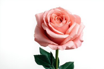 Fototapeta premium Pink rose bloom on white background with ample copy space delicate petals, single stem and leaf, elegant floral studio shot