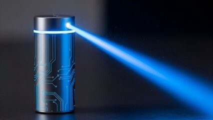 Sleek futuristic cylinder emitting a vibrant blue light beam against a dark background